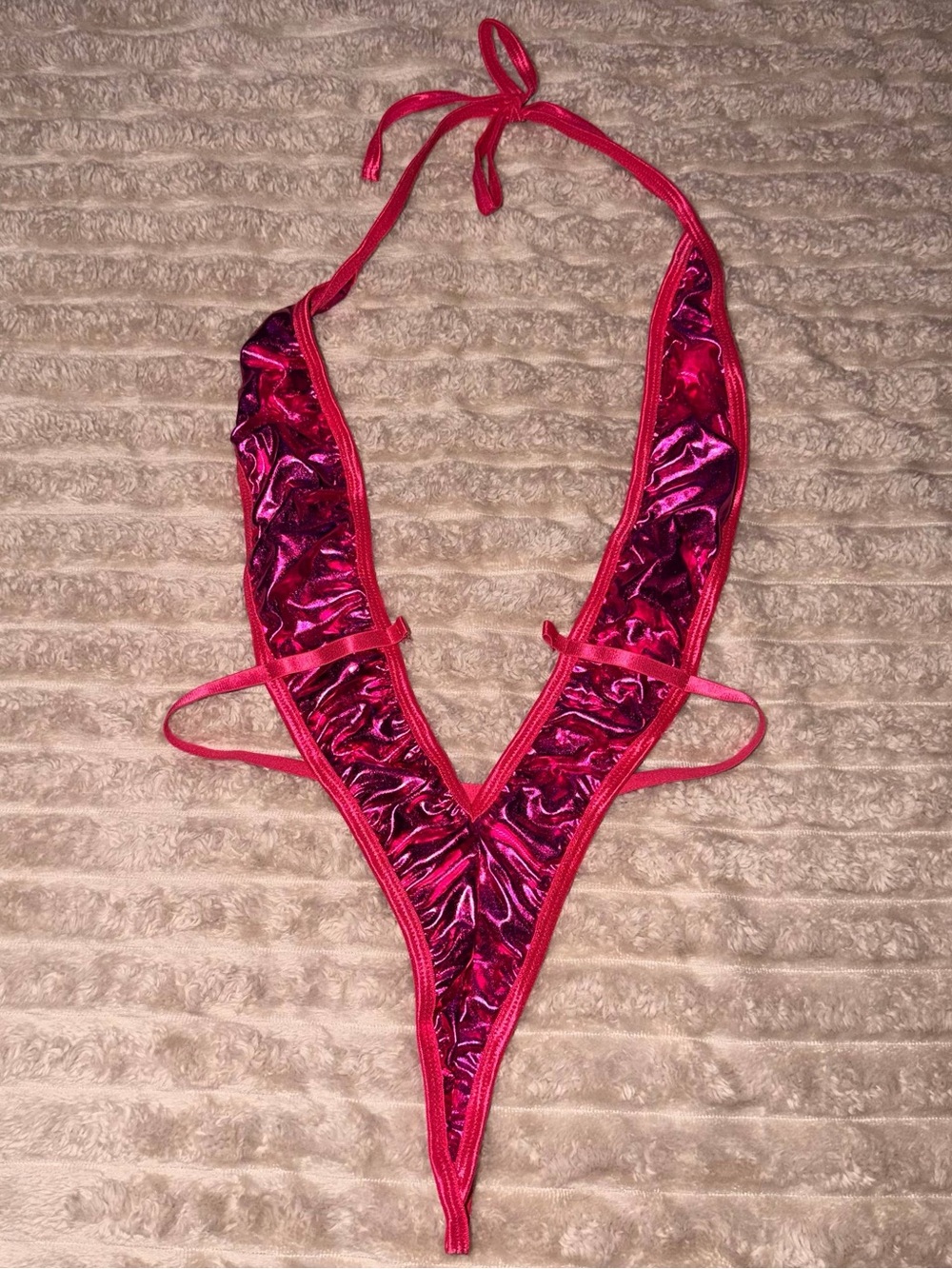 Shimmer Halter Plunge Bodysuit in Hot Pink